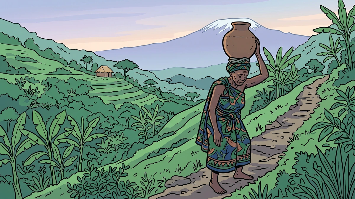 The widowed mother Shindo carries a water pot alone up a steep green path on the slopes of Mount Kilimanjaro.