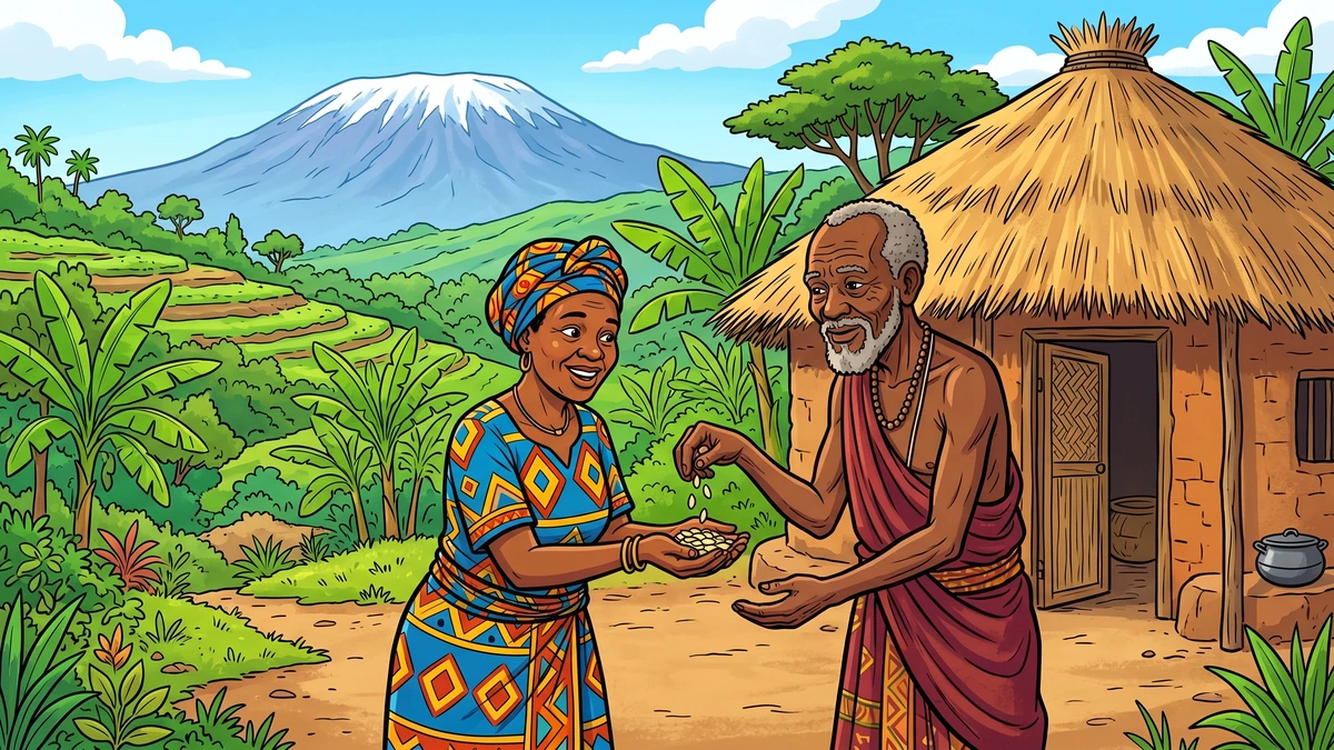 The village healer pours pale calabash seeds into the cupped hands of the grateful widow outside his thatched hut.