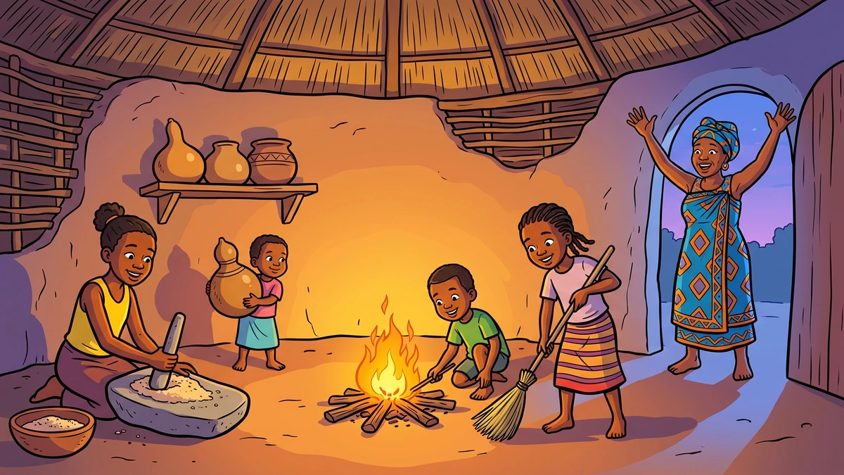 Shindo stands amazed in her doorway as the dried calabashes have become children who tend the fire and do her chores.