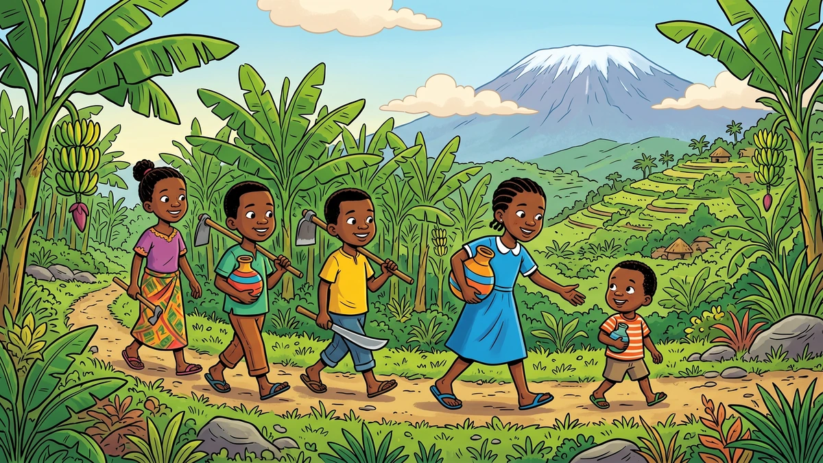The calabash children walk together through a banana grove, the older ones slowing kindly for little Kitete at the back.