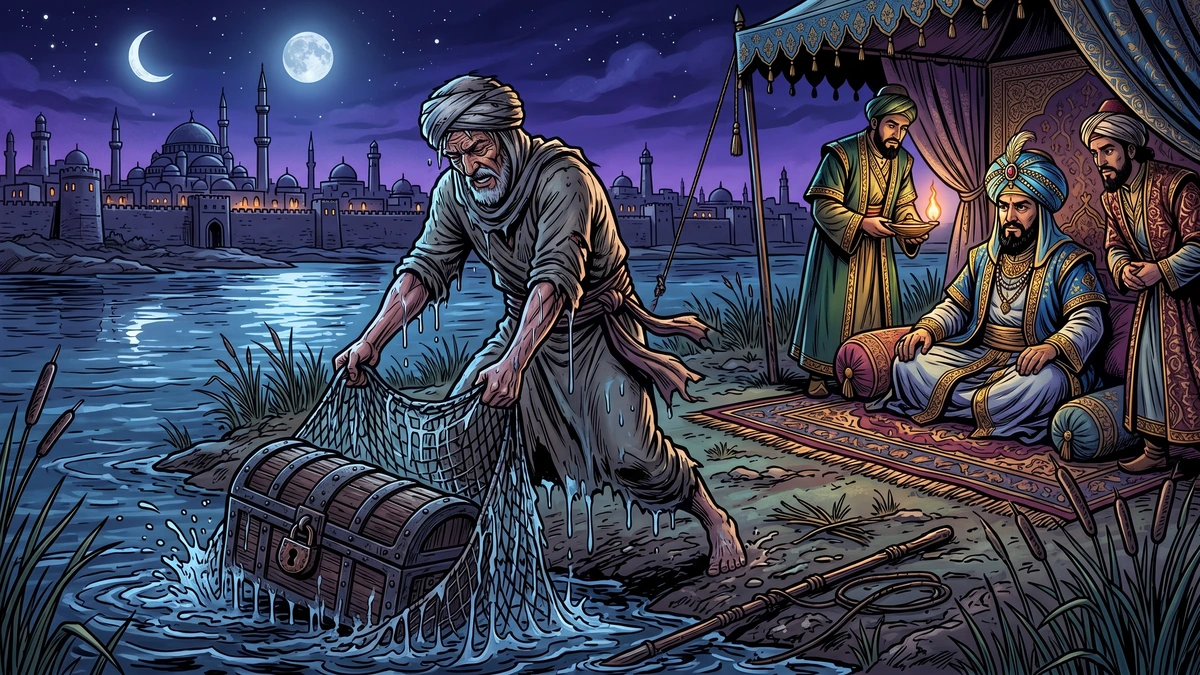 A fisherman hauls a heavy locked chest from his fishing net on the moonlit bank of the Tigris as the Caliph and his vizier watch