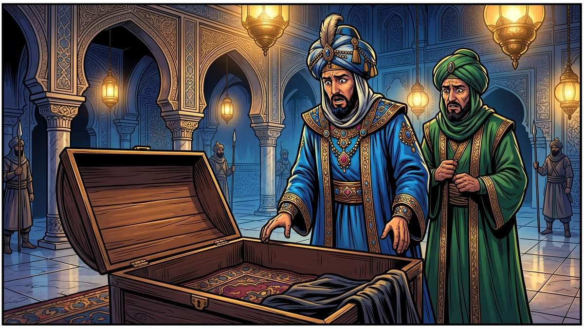 Caliph Harun al-Rashid and his vizier Ja'far examine an opened wooden chest on the marble floor of the Baghdad palace hall