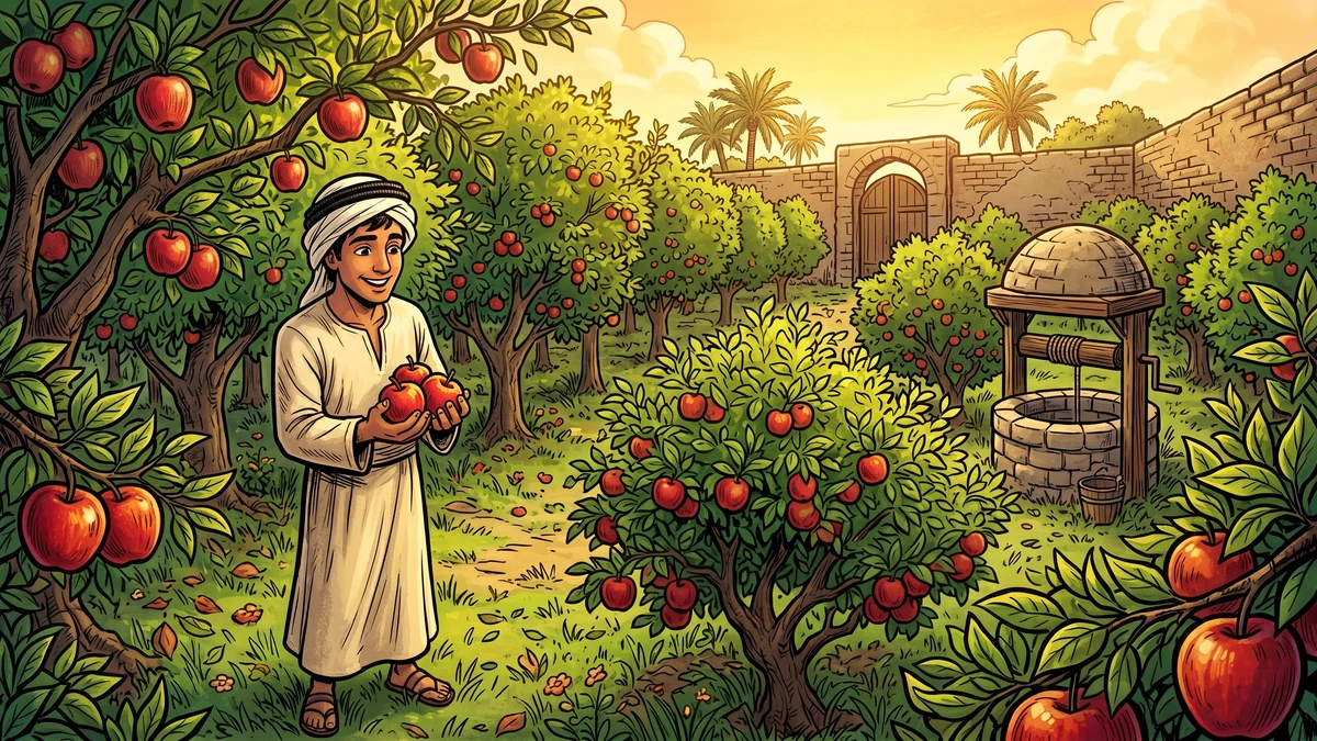 A young man gathers three bright red apples among the fruit trees of a green orchard in Basra