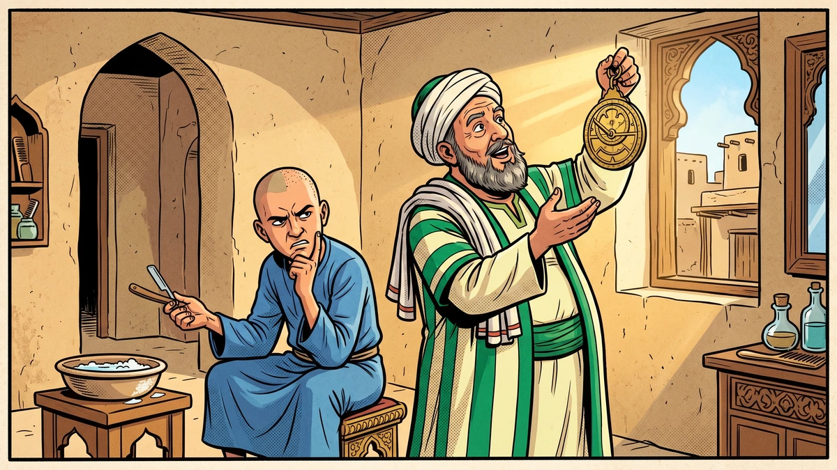 An elderly Baghdad barber holds a brass astrolabe up to the light and talks endlessly while a half-shaved young man waits, exasperated