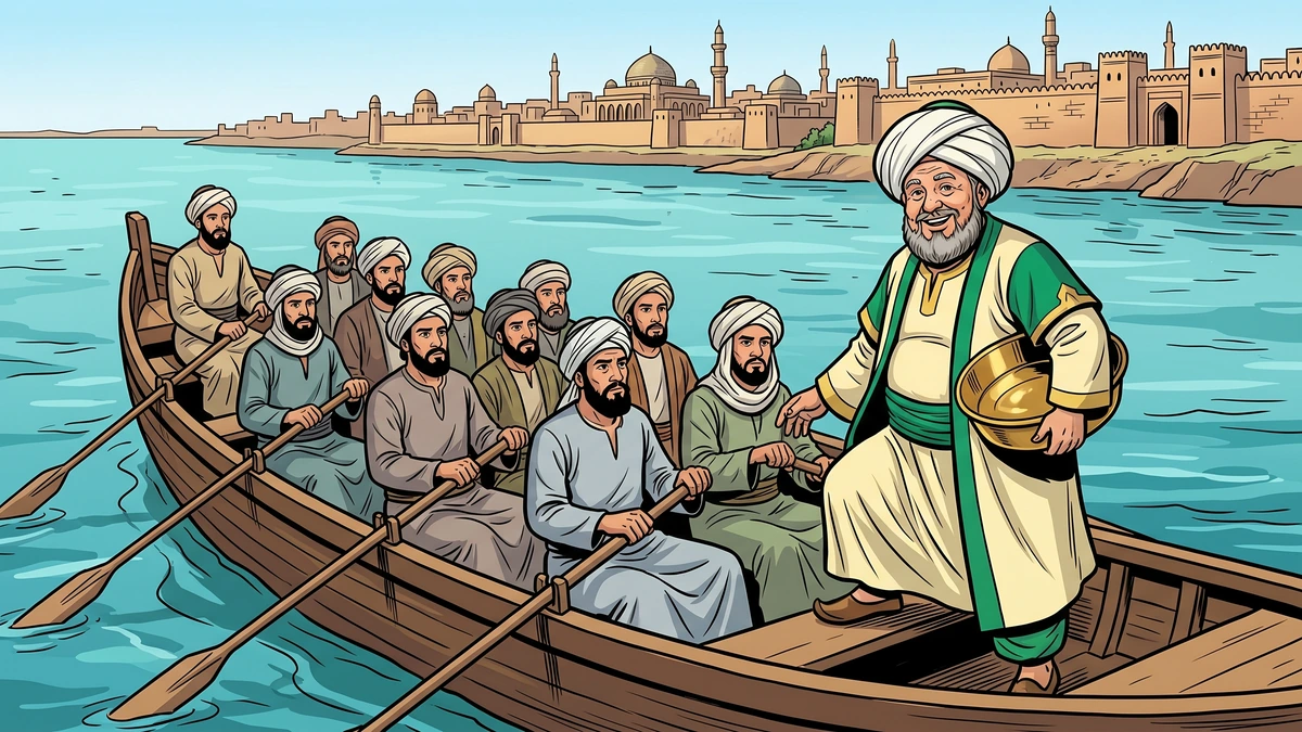 The talkative barber climbs uninvited into a wooden boat of ten solemn men crossing the blue-green Tigris, the Baghdad skyline behind