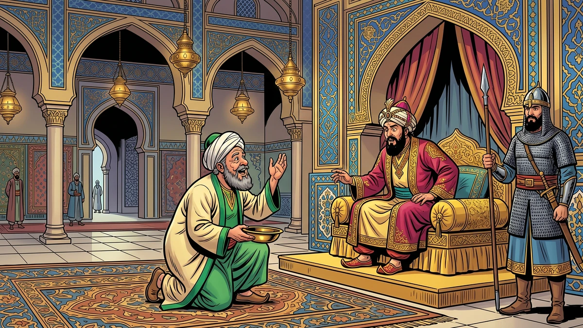 The barber kneels alone before the astonished Caliph in a grand Abbasid palace hall in Baghdad