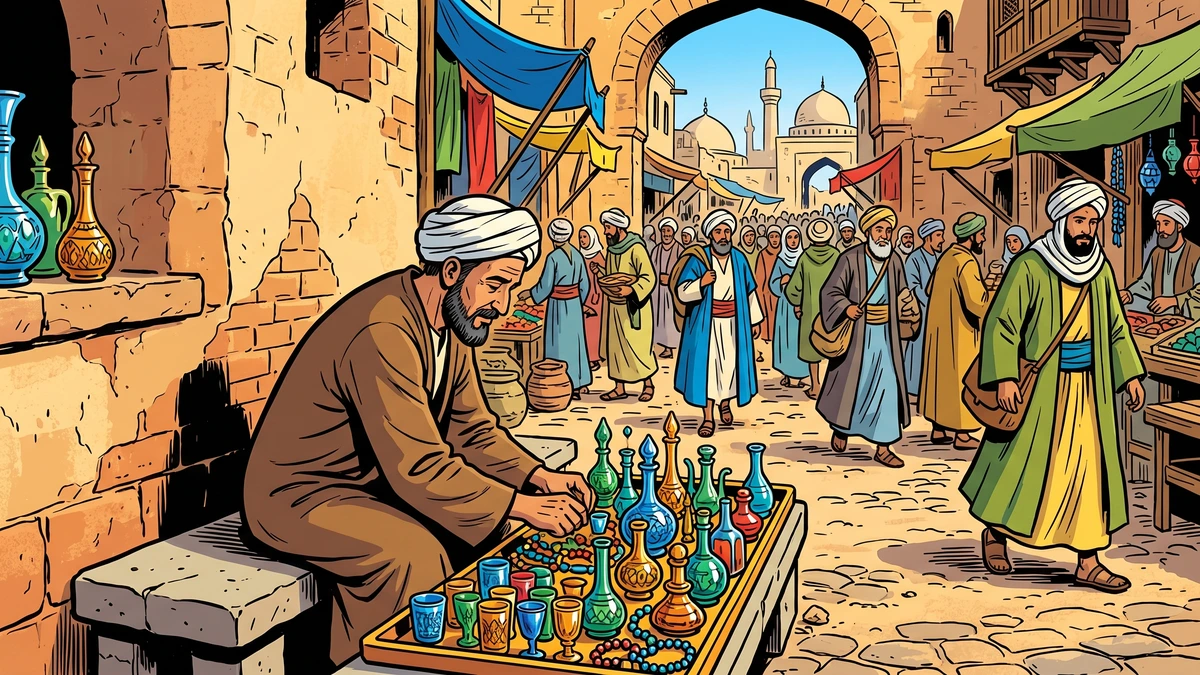 Al-Nashshar the glass-seller arranging his tray of coloured glassware on a stone bench in a Baghdad bazaar
