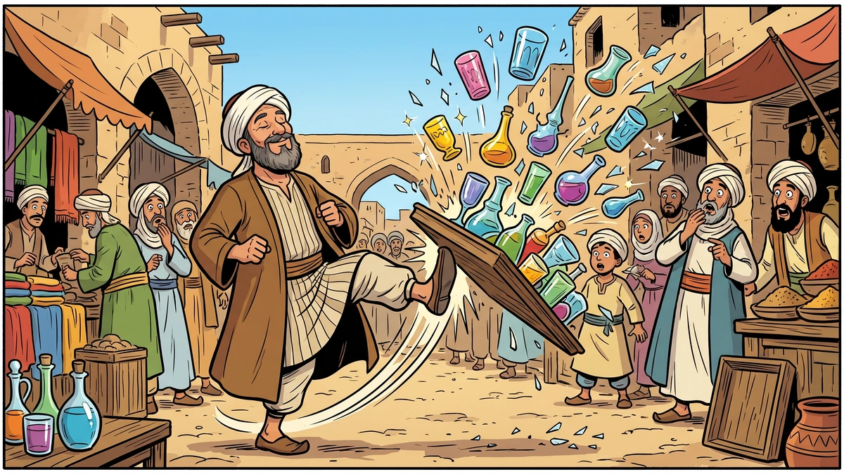 Al-Nashshar kicking over his tray and shattering all his glassware during his daydream in the Baghdad market