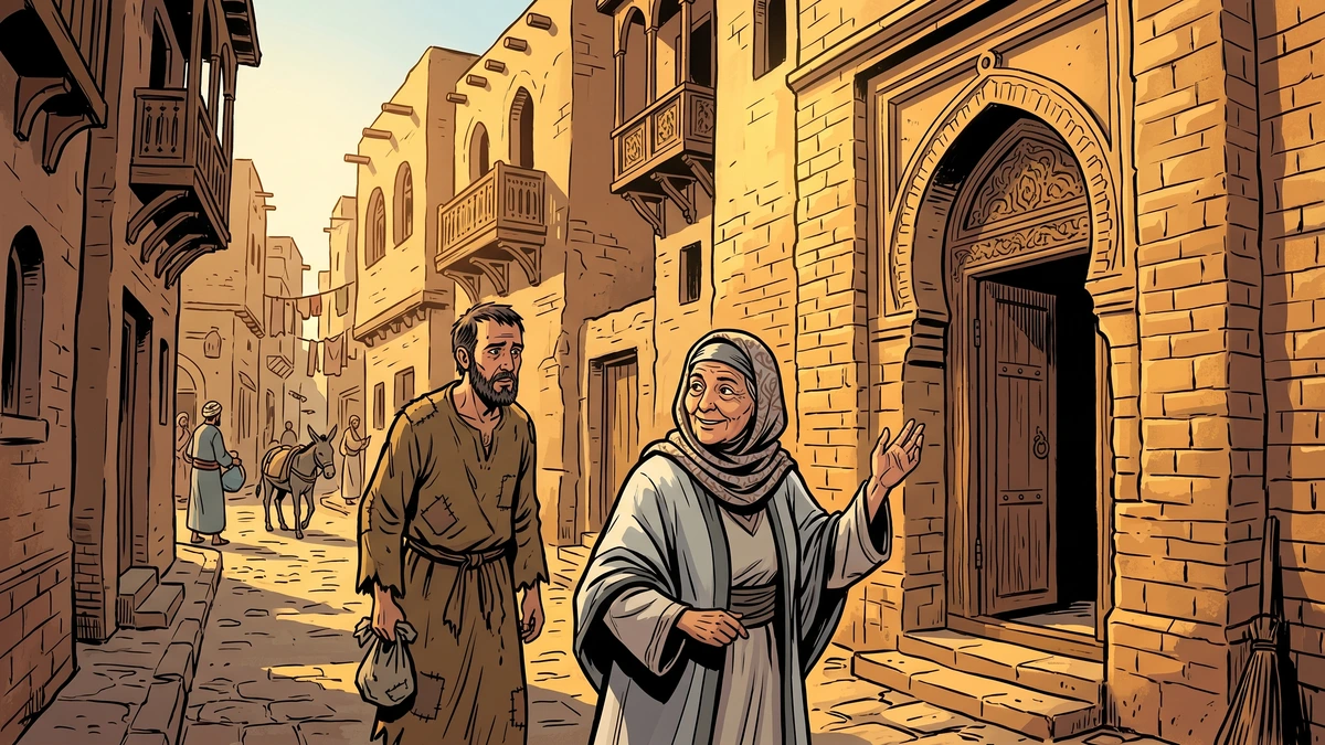 The pious old woman leading the ruined Al-Nashshar toward a tall handsome house in a Baghdad street