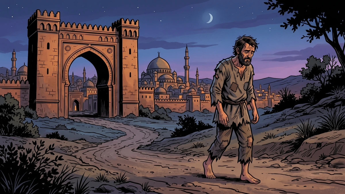 Al-Nashshar as a ragged beggar walking away from the gates of Baghdad at dusk