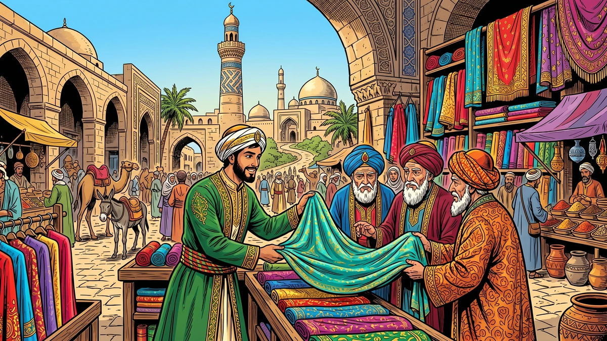 Ghanim, the young merchant of Damascus, sells silk and brocade to the merchants of the Baghdad bazaar