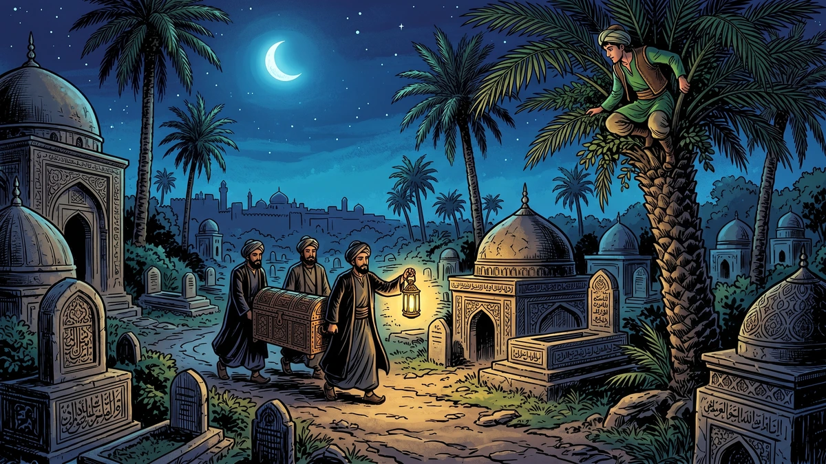 Three of the Caliph’s servants carry a chest through the moonlit cemetery while Ghanim watches, hidden in a date palm