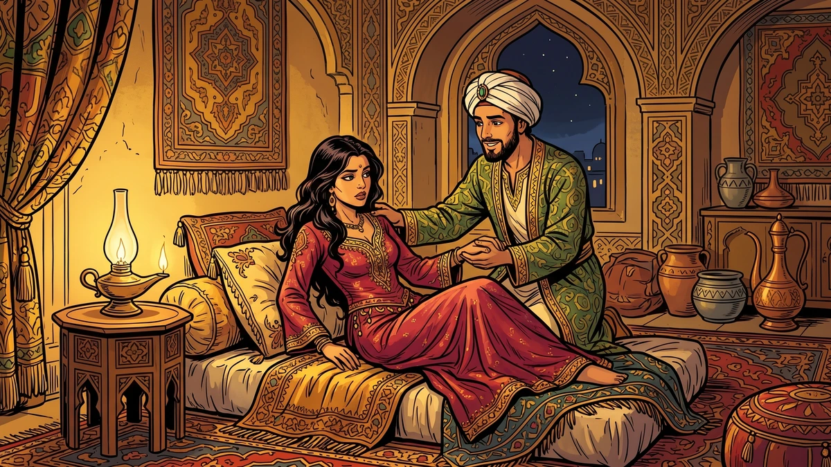 Ghanim gently revives Qut al-Qulub, the Caliph’s favourite, in his lamplit Baghdad house