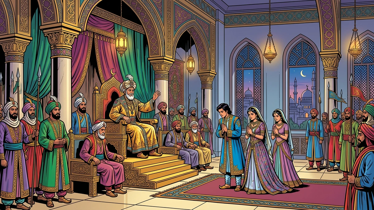Caliph Harun al-Rashid restores Ghanim and unites the lovers in his palace throne hall