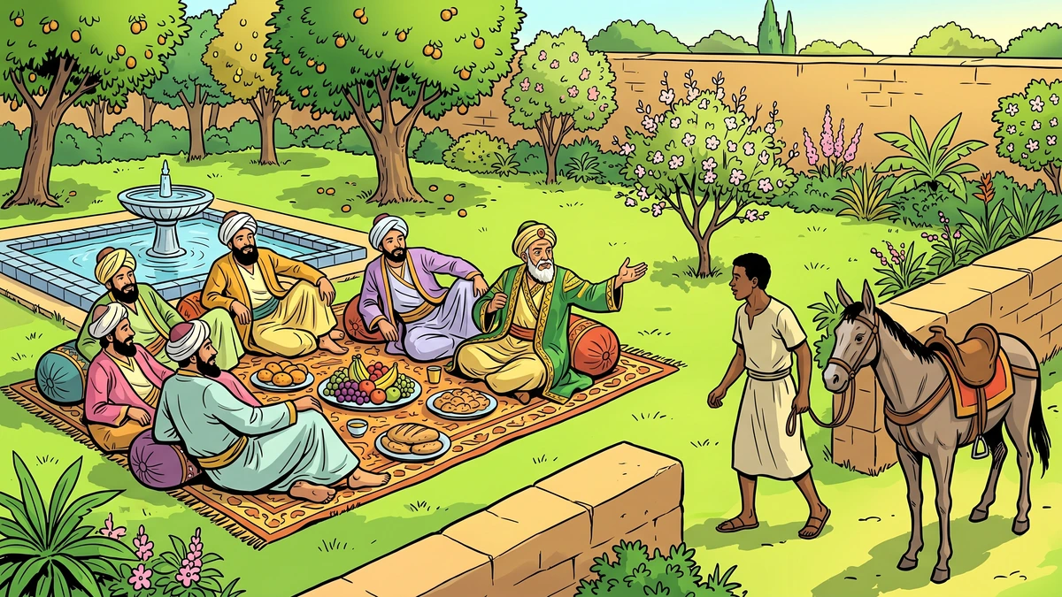 Merchants feast in a walled garden in medieval Baghdad as a master sends his young servant on an errand
