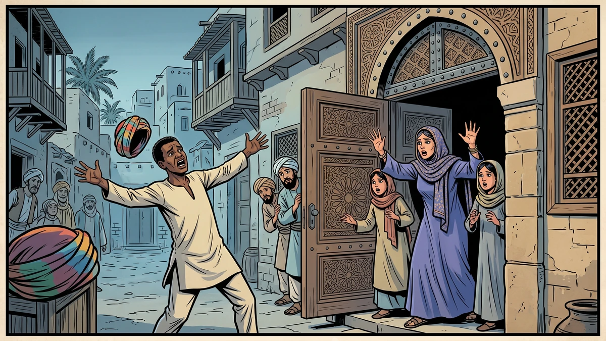 The slave Kafur shrieks a false report of disaster at his master's doorway as the alarmed household reacts