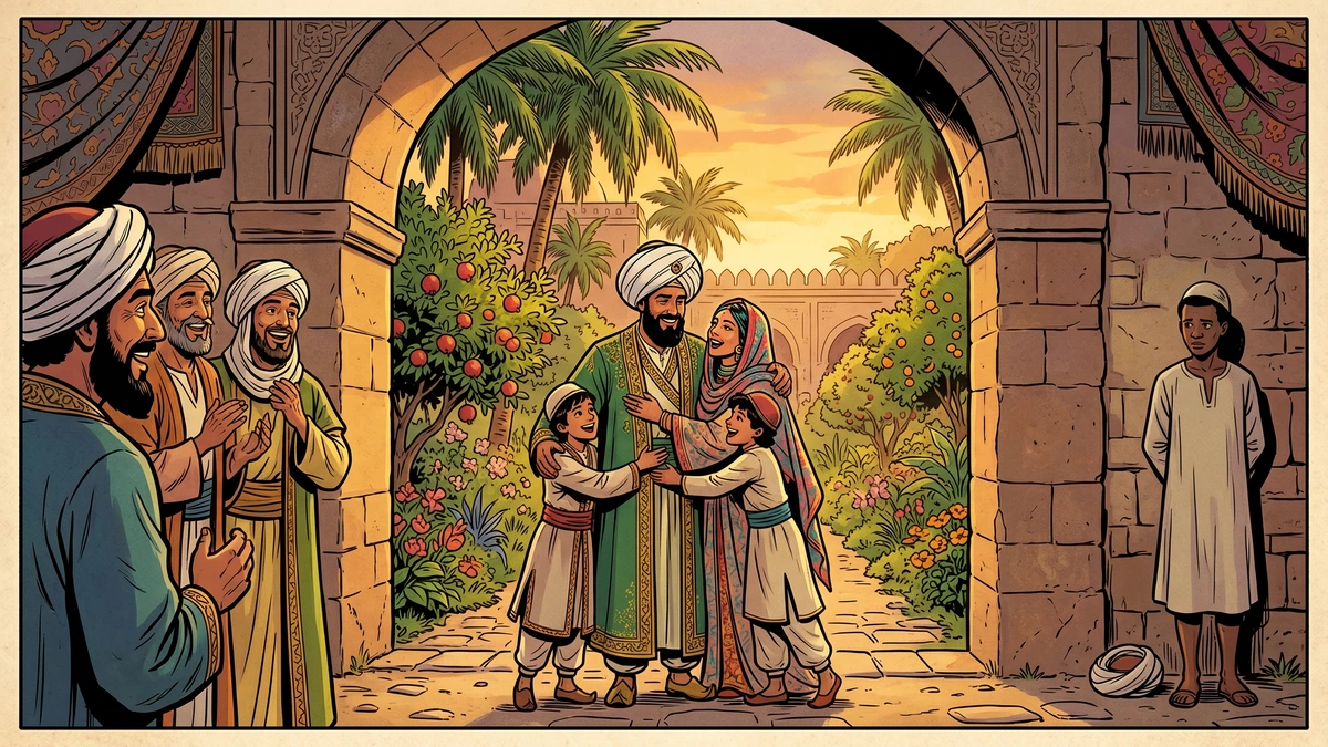 The merchant and his family reunite alive and astonished at the garden gate as Kafur watches apart
