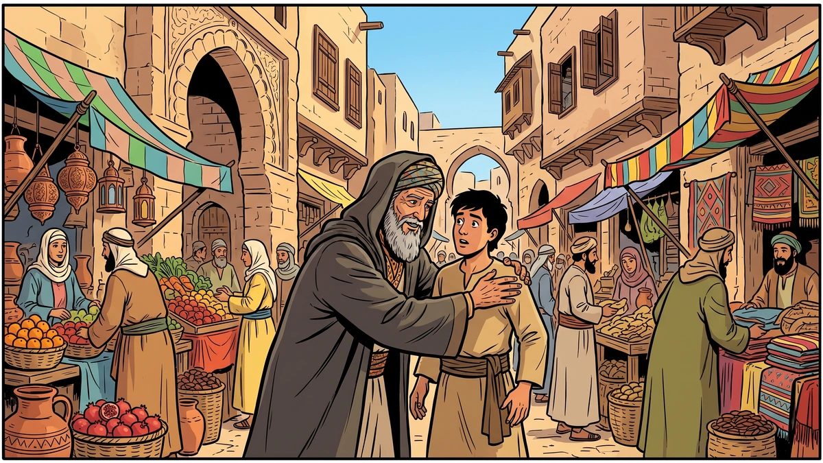 An older man in a dark hooded traveling robe warmly embraces a surprised young man in a busy Eastern street bazaar, posing as his long-lost uncle