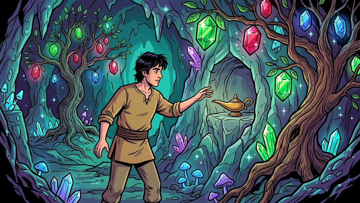 Aladdin reaches for the old brass oil lamp in the underground Cave of Wonders, surrounded by enchanted trees bearing fruit of glittering jewels