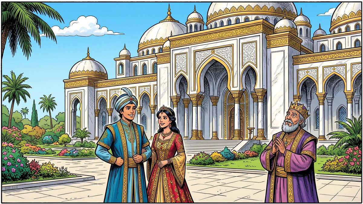 Aladdin and Princess Badr al-Budur stand before the marble-and-gold palace raised in a single night while the Sultan gazes up in amazement