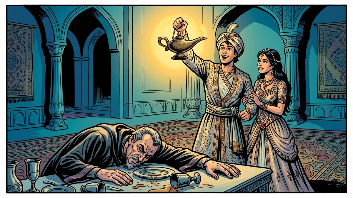 Aladdin lifts the recovered wonderful lamp in triumph beside Princess Badr al-Budur as the defeated magician slumps over the supper table