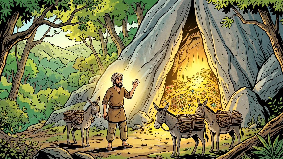 A poor Persian woodcutter in an earth-brown tunic and turban stands before a split-open rock face in a forest hillside as golden treasure light pours out, his firewood-laden donkeys beside him