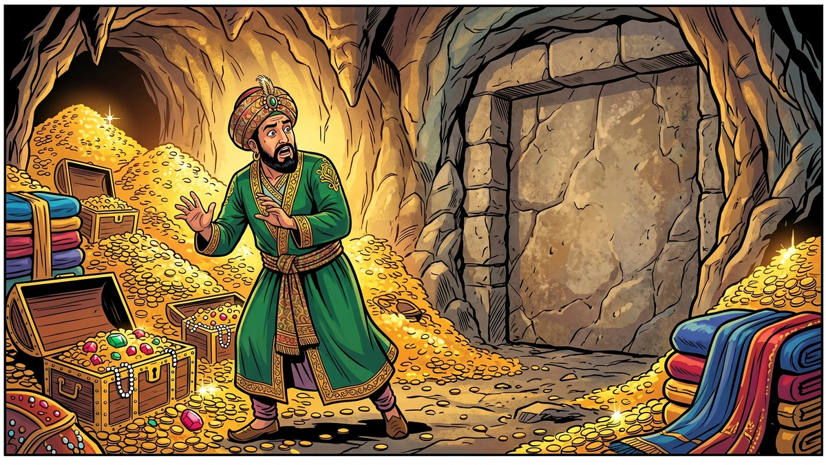 The wealthy merchant Cassim in a green-and-gold robe panics among heaps of gold coins and jewelled chests inside the sealed treasure cave