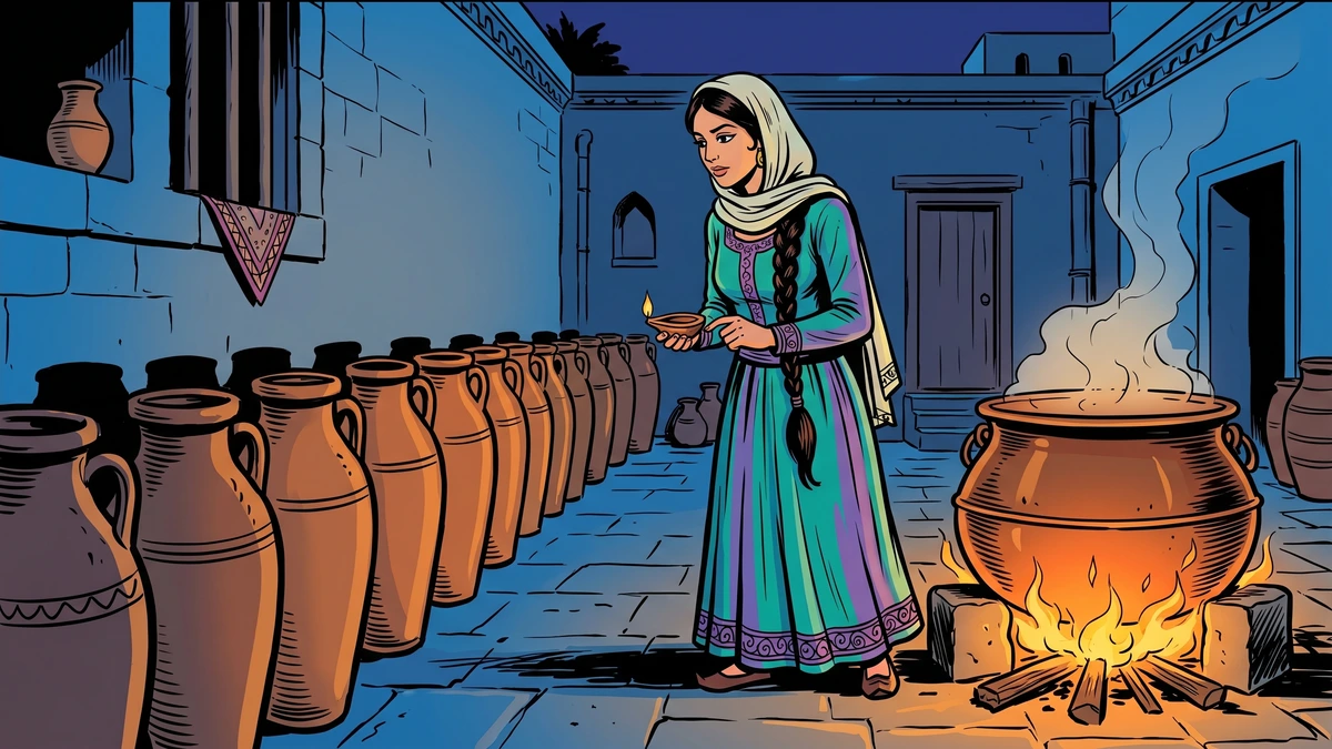 Morgiana stands by night in a stone courtyard before a long row of tall earthenware oil jars, a steaming copper cauldron on a glowing fire beside her
