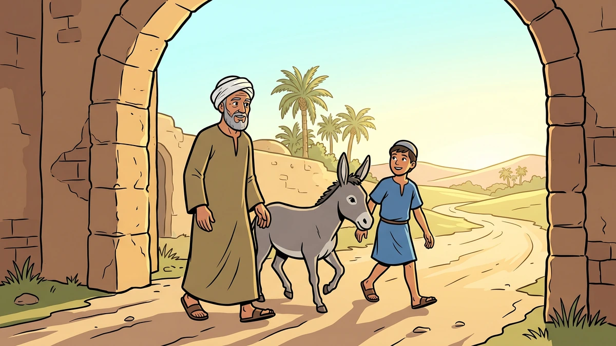 Joha, his young son and their grey donkey setting out through a sandstone village archway at dawn