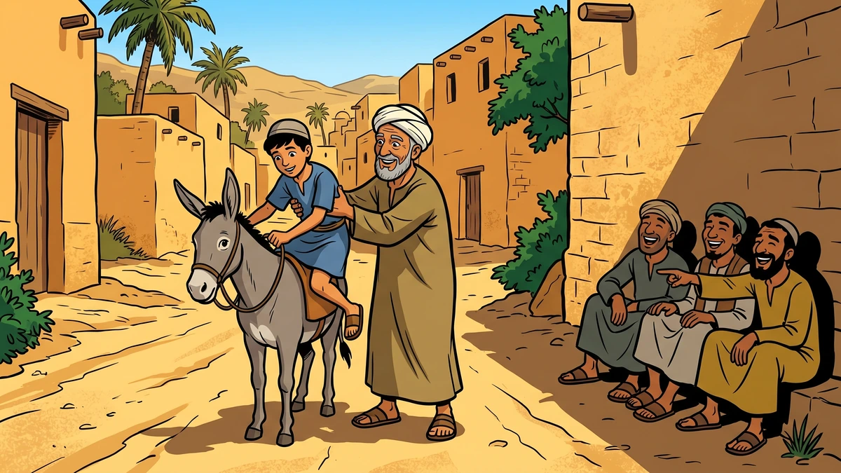 Joha lifting his son onto the donkey while a group of village men rest in the shade, laughing and pointing