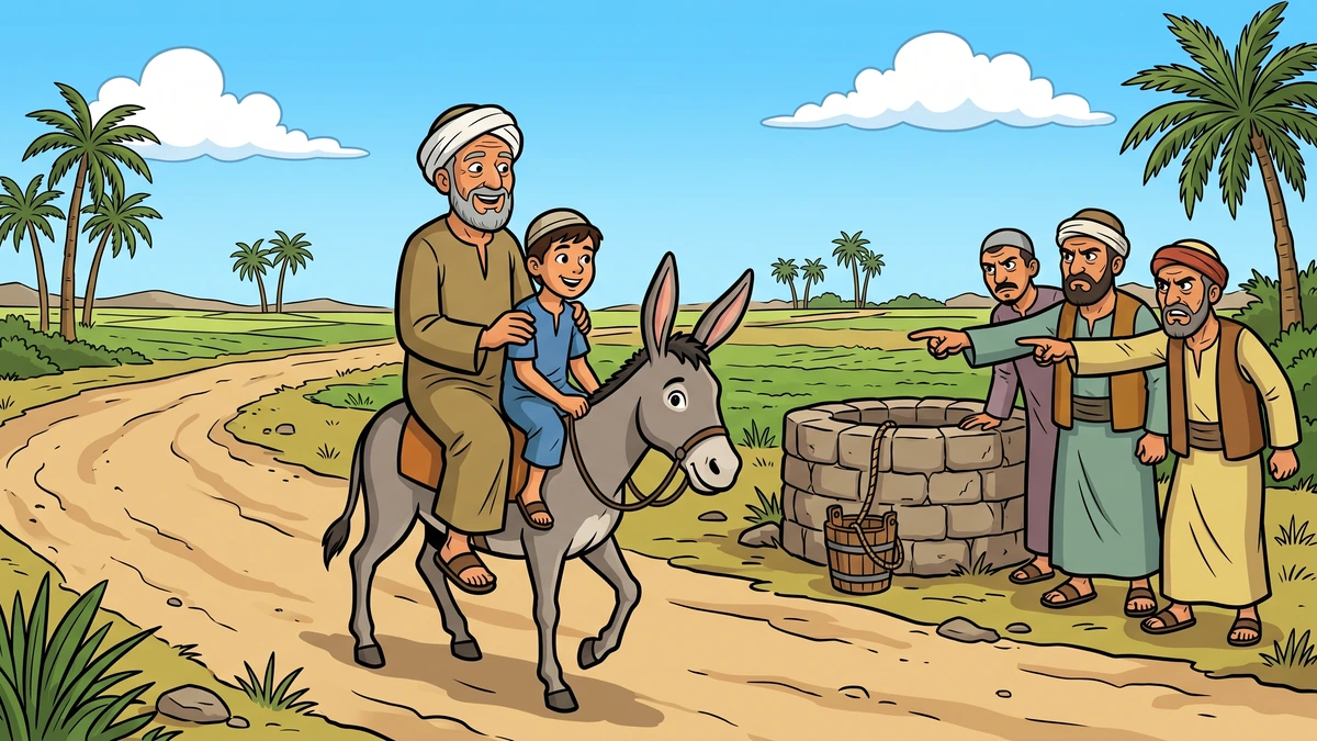 Joha and his son both riding the donkey as farmers beside a well point and frown in disapproval