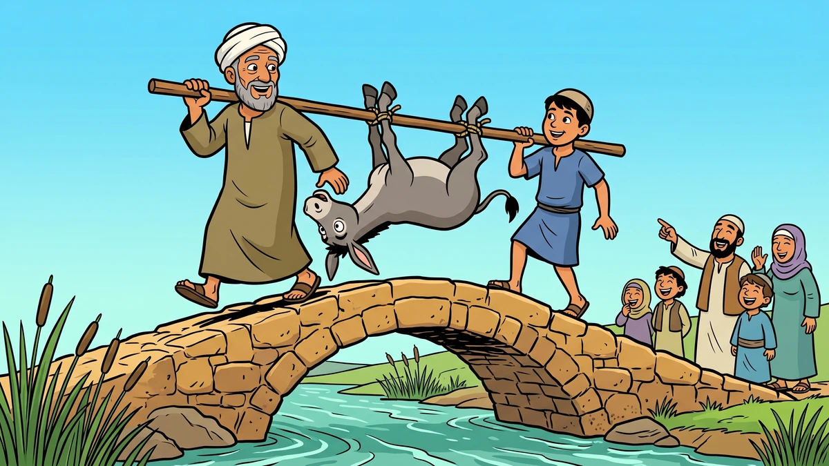 Joha and his son carrying their donkey tied to a wooden pole across a narrow stone bridge as villagers laugh