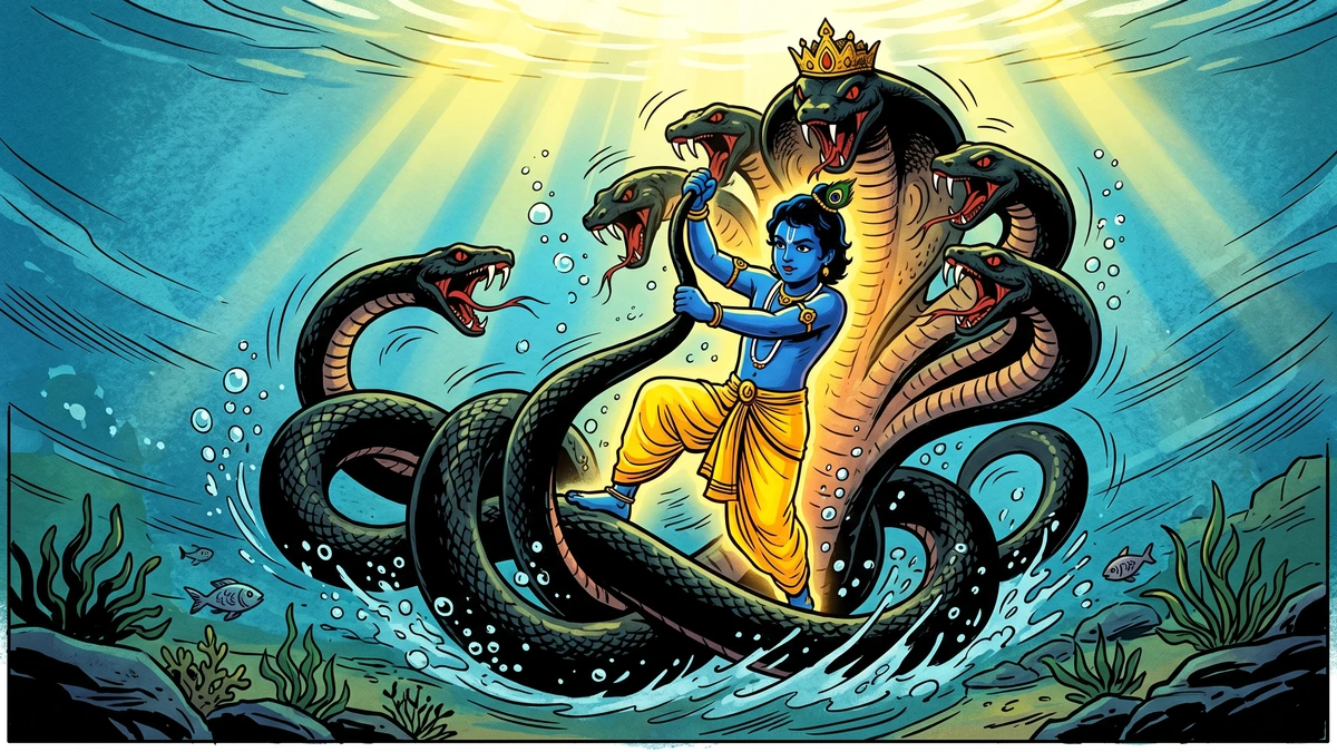 Kaliya Daman — underwater dance: Krishna breaks the coils and seizes the central hood (Bhāgavata X.16)