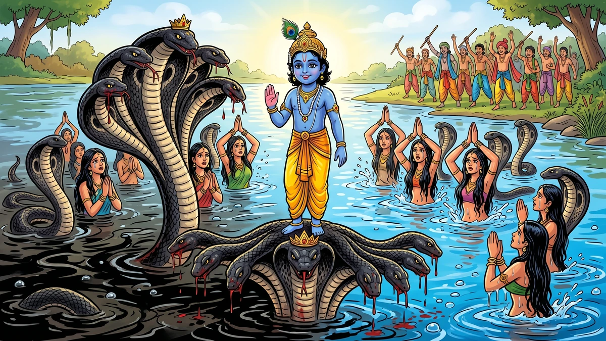 Kaliya Daman — the nāga-patnīs sing the Kāḷīya-Patnī-stuti as Krishna grants release