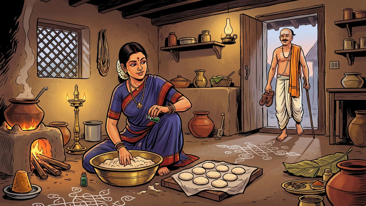 Tamil Brahman first wife in indigo sari mixing poisoned apupa cake dough beside clay chulha hearth as her unsuspecting husband prepares to depart with sandals