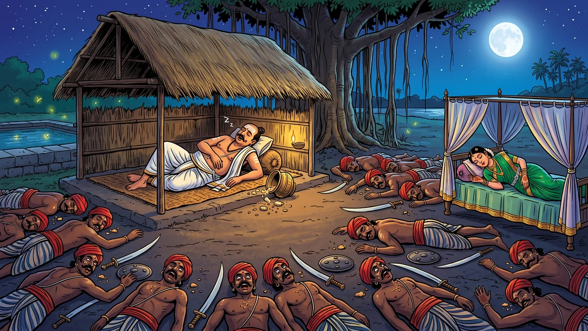 Tamil Brahman snoring on coir mat inside a wayside shed surrounded by one hundred dead Tamil robbers in red turbans under a banyan tree and full moon as the abducted princess sleeps on a silken canopied cot