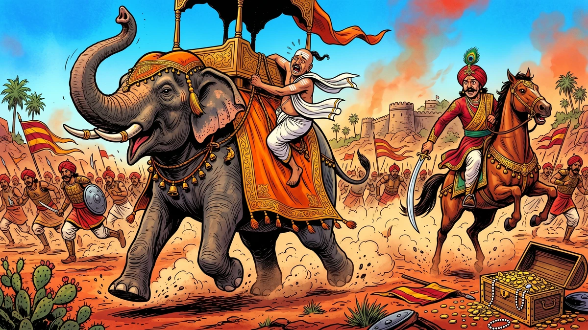 Brahman clinging in terror to a charging war-elephant in saffron howdah cloth as Emperor Appayya Raja in red Maratha turban with peacock plume turns his chestnut horse to flee, scimitar dropping