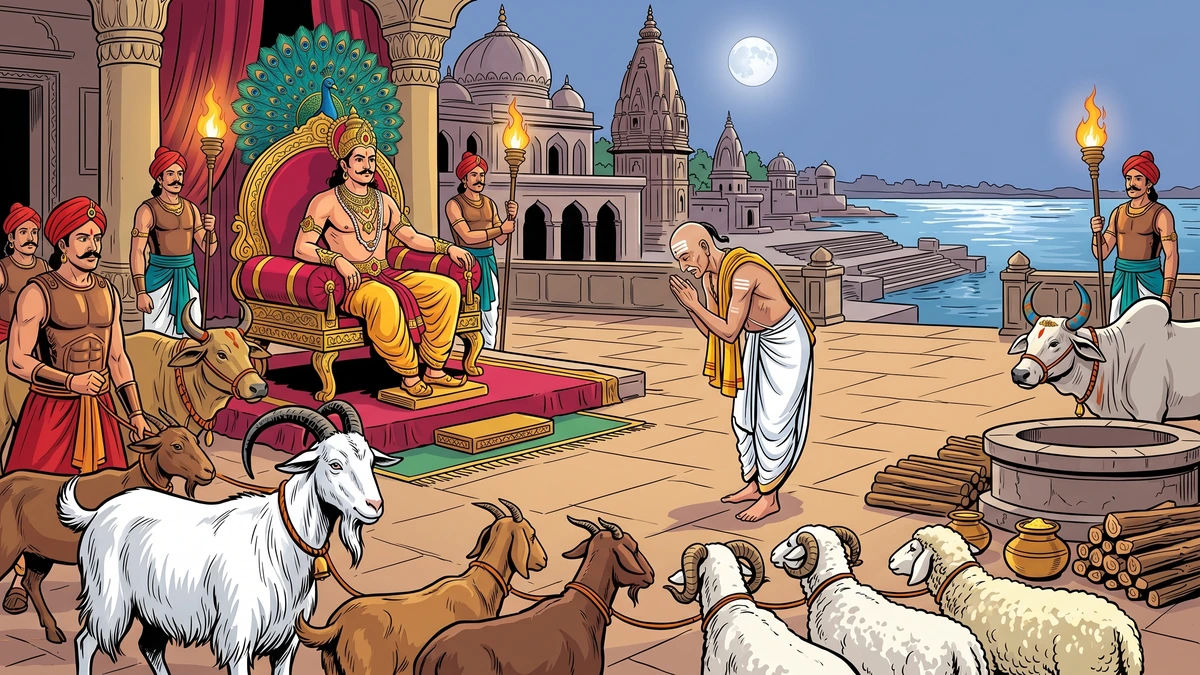 White Himalayan billy-goat with golden polished horns standing among sheep, rams, and cattle in a sandstone royal courtyard at full moon, palace guards in saffron dhotis and red Pataliputra turbans holding ropes, a Buddhist Jataka scene in bold ACK style.