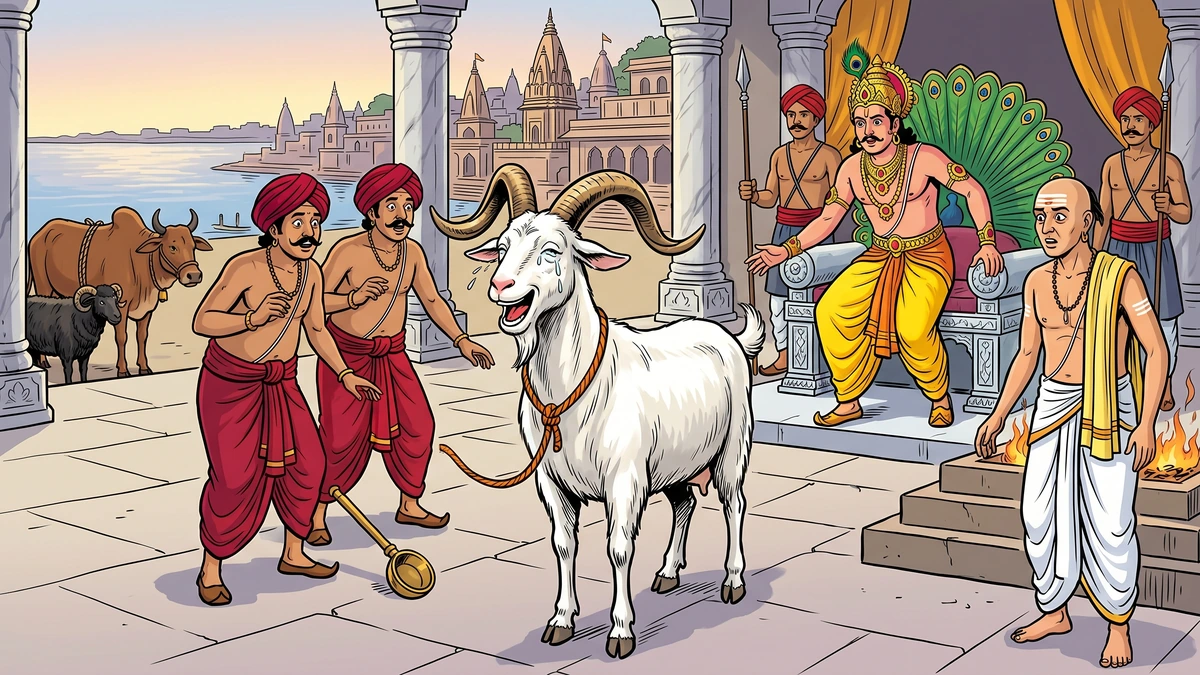 King in red and gold Pataliputra royal robes descending palace steps to face a weeping white billy-goat in a torchlit courtyard, ministers in white dhotis and turbans watching, banyan tree and Mauryan pillar in background, Amar Chitra Katha illustration style.