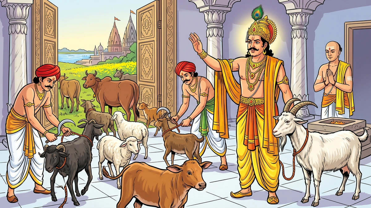 Stone shrine carved from sandstone honouring the white billy-goat at a banyan-shaded crossroad in ancient Magadha, villagers in indigo and saffron offering jasmine garlands, marigold petals scattered on the ground, golden evening light, devotional Jataka tableau.