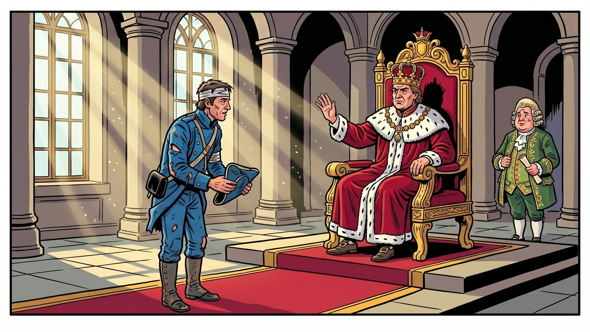 Scene 1 of The Blue Light Brothers Grimm KHM 116 - dismissed soldier dismissed in red-throne room of stingy German king