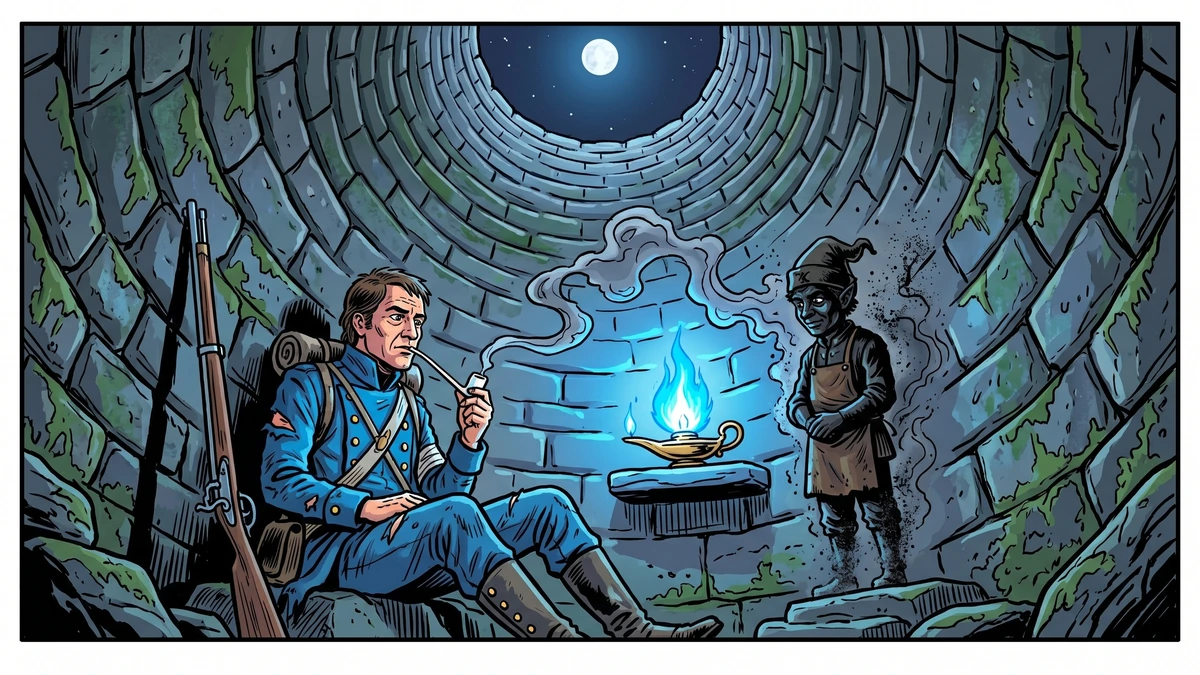 Scene 2 of The Blue Light KHM 116 - soldier at the bottom of the witch dry well lights pipe at the blue flame summoning a small black manikin