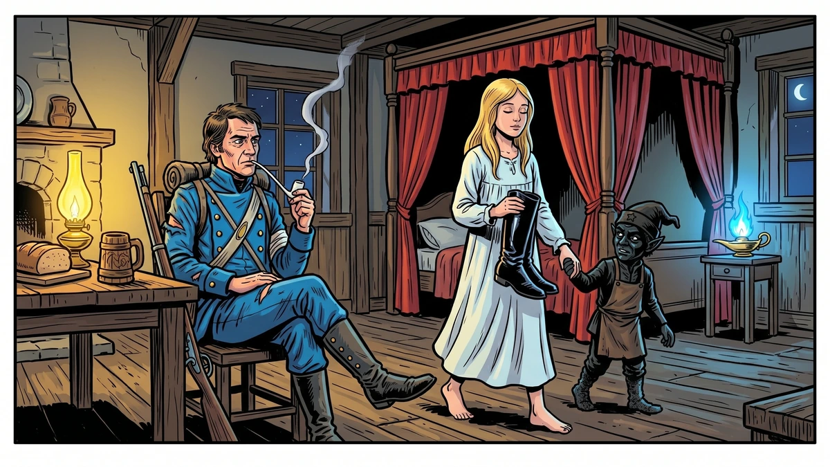 Scene 3 of The Blue Light Brothers Grimm - princess in white nightgown carries soldier boot at the inn led by the small black manikin at night