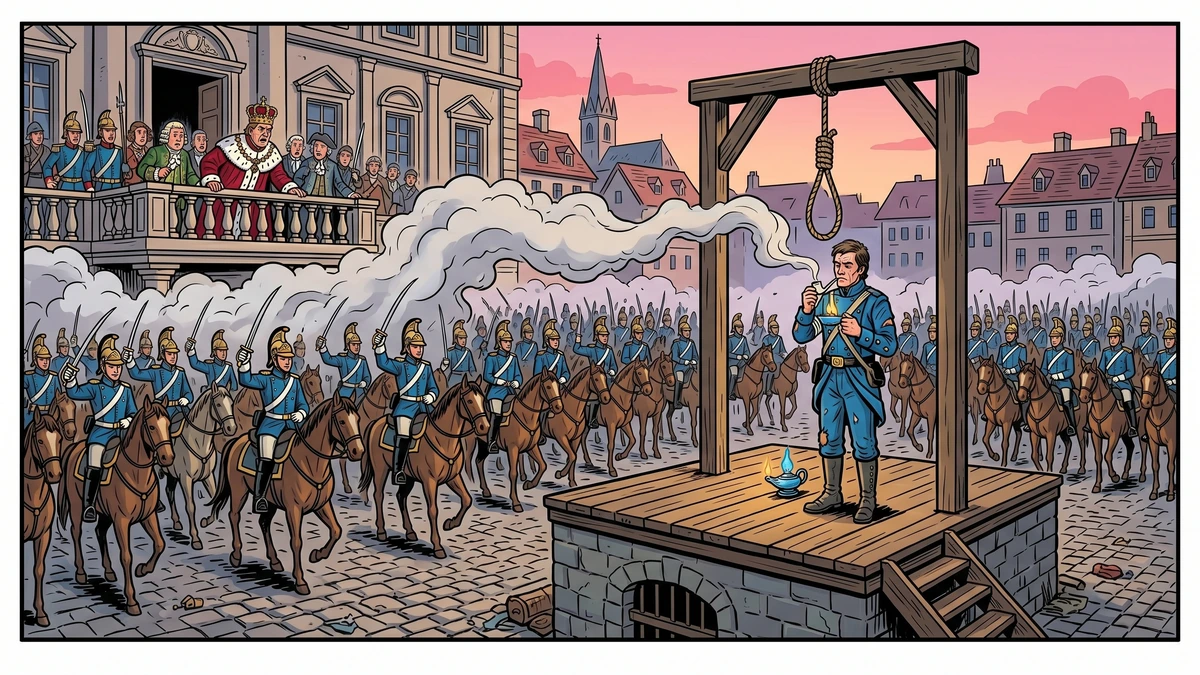 Scene 4 of The Blue Light KHM 116 - three hundred dragoons stream into the city square as the soldier lights his pipe at the gallows-scaffold