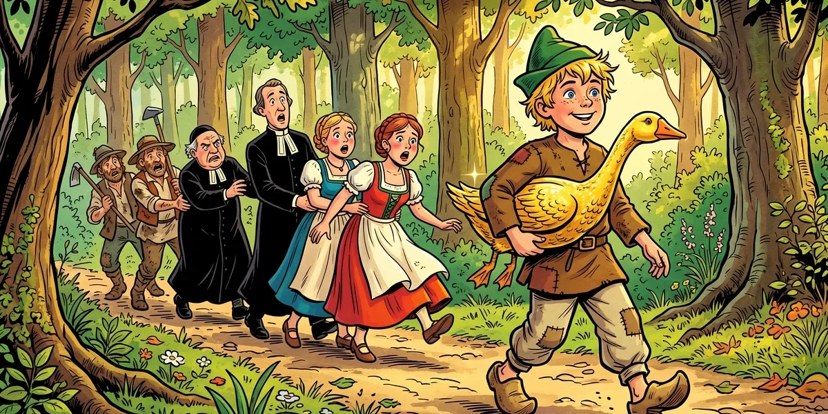 Dummling walks through a beech forest with a magical golden goose, a comic chain of seven stuck busybodies trailing behind him - The Golden Goose KHM 64 Grimm illustration