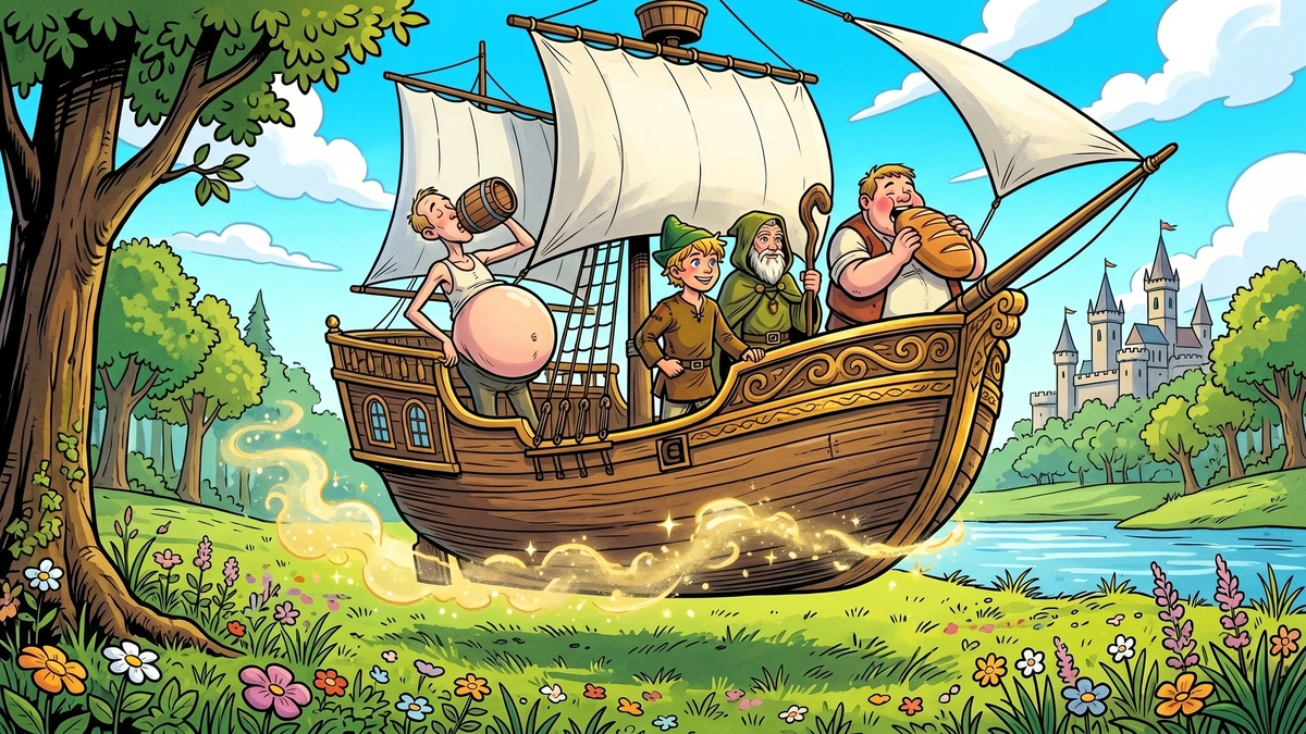 The magical wooden ship sails on dry land carrying Dummling, the old forest helper, and the impossible companions - the third task fulfilled in Grimm KHM 64