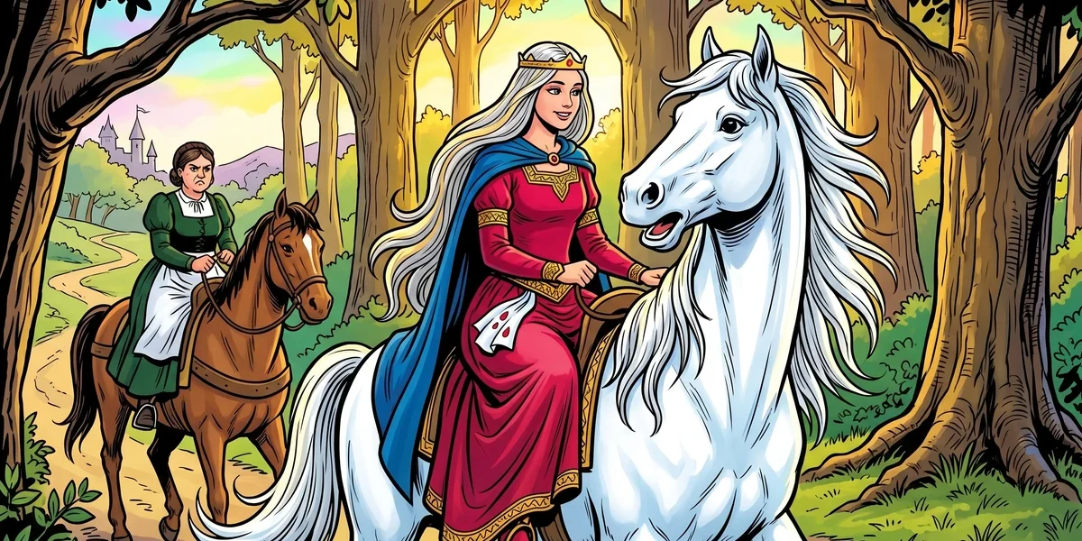 Princess on the magical white horse Falada with treacherous waiting-maid behind on a forest road - The Goose-Girl Grimm KHM 89