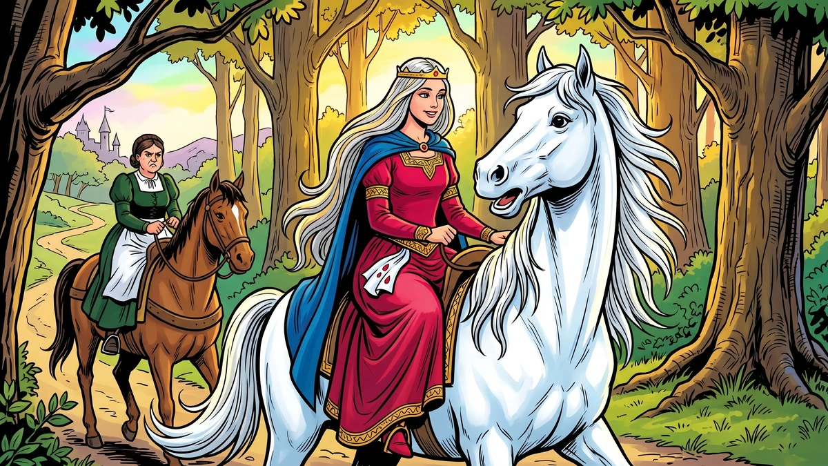 Princess on the magical white horse Falada with treacherous waiting-maid behind on a forest road - The Goose-Girl Grimm KHM 89