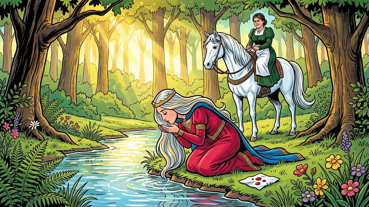 Princess kneels at the brook to drink as the lock of three blood-drops floats away and the maid smirks on Falada - Grimm KHM 89 ATU 533
