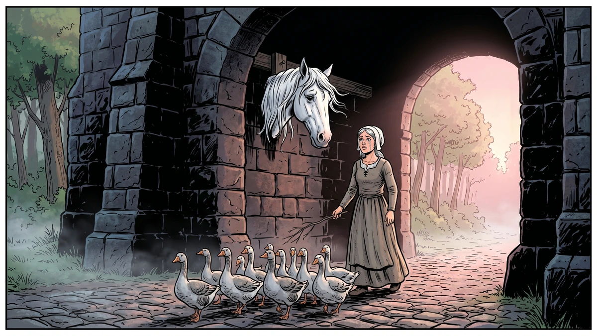 The severed head of faithful Falada nailed under the dark city gate as the goose-girl drives her flock - Grimm KHM 89